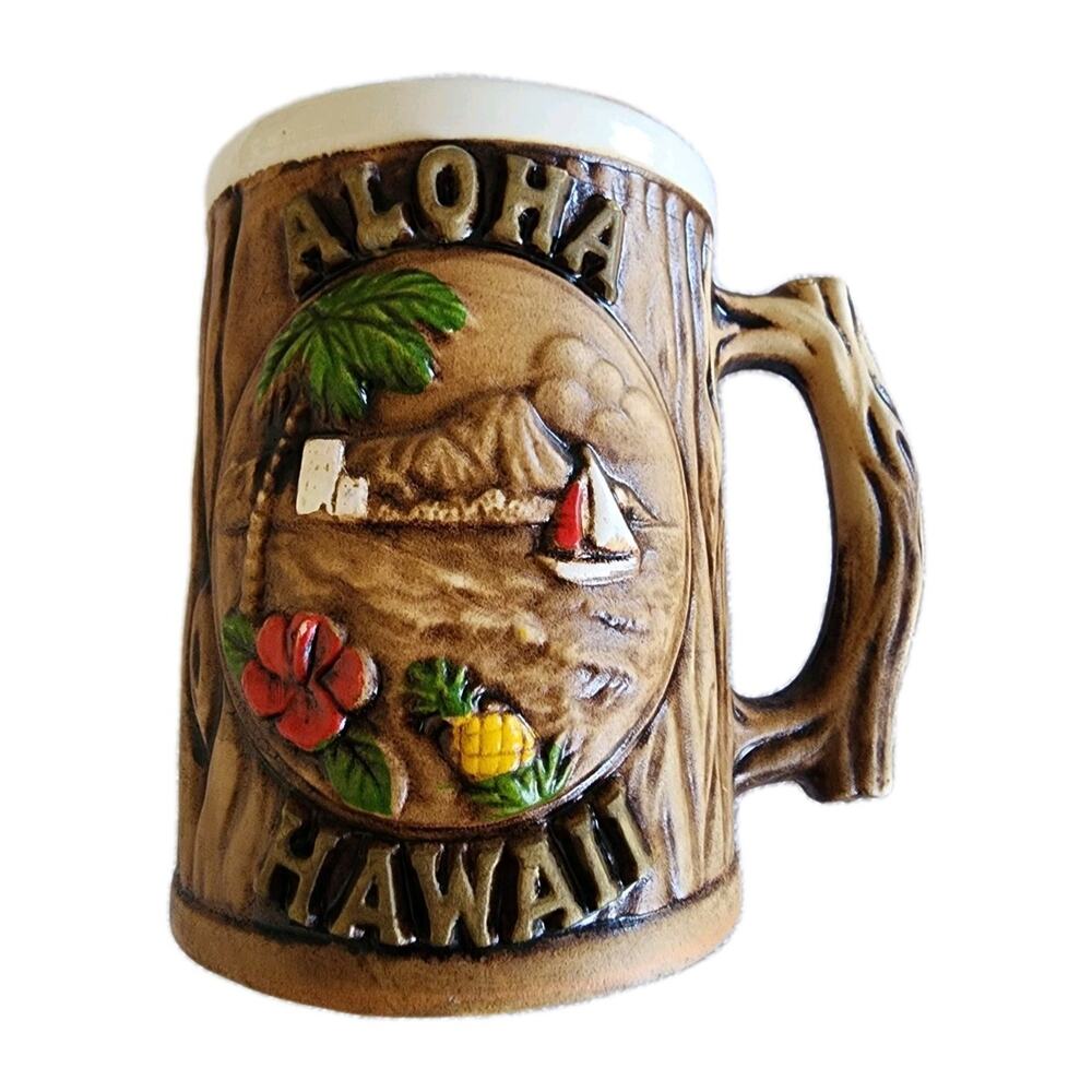 VTG 70s Aloha Hawaii Diamond Head Ceramic Mug Tiki Souvenir Cup Oahu Hawaiiana